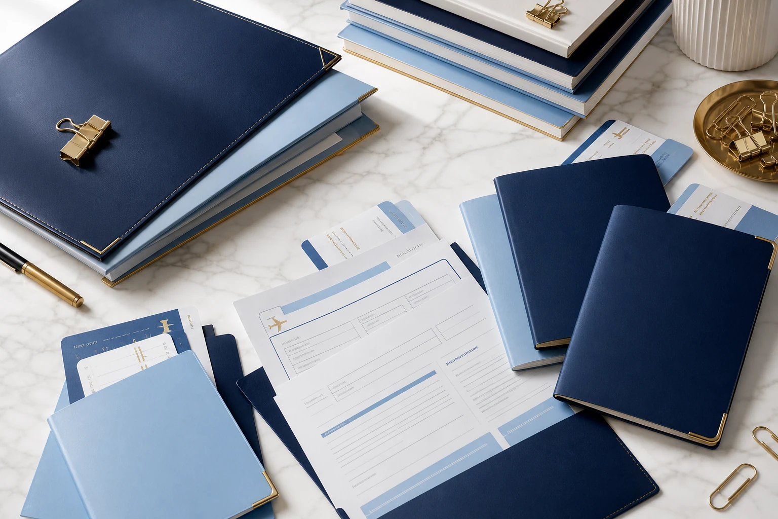 Dossiers et documents de voyage bleu profond, bleu ciel, blanc et jaune or, classés et éparpillés avec des ombres réalistes