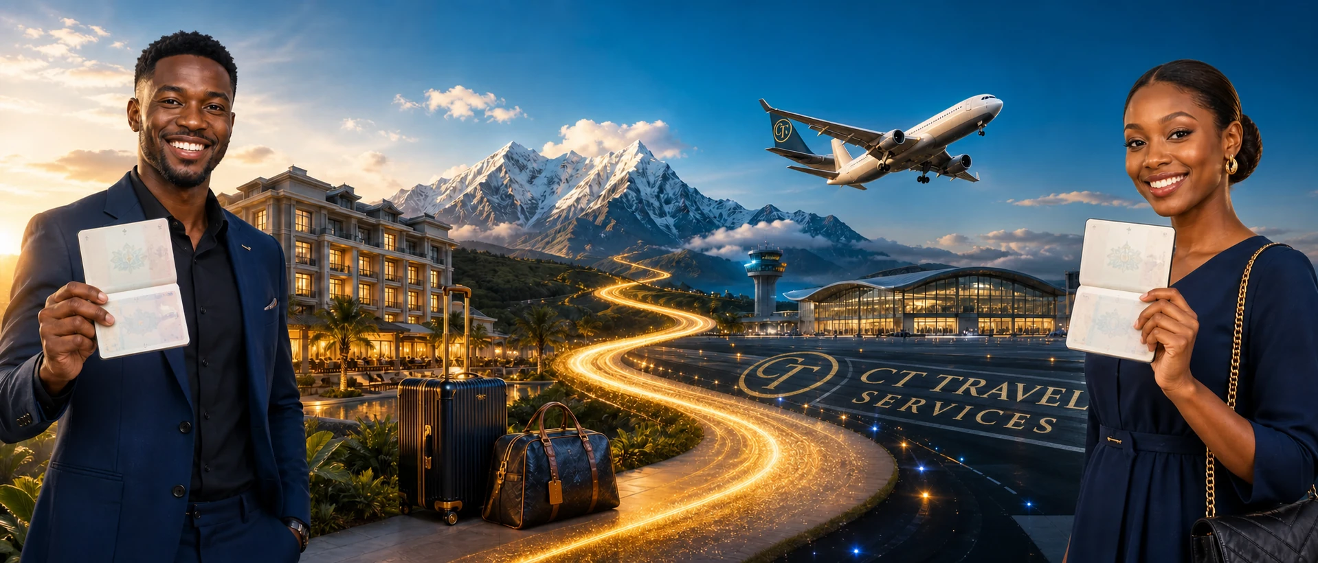 Un voyageur et une voyageuse présentent leurs documents autour d’un itinéraire reliant un hôtel, des bagages, des montagnes enneigées et le tarmac CT Travel Services avec un avion au décollage